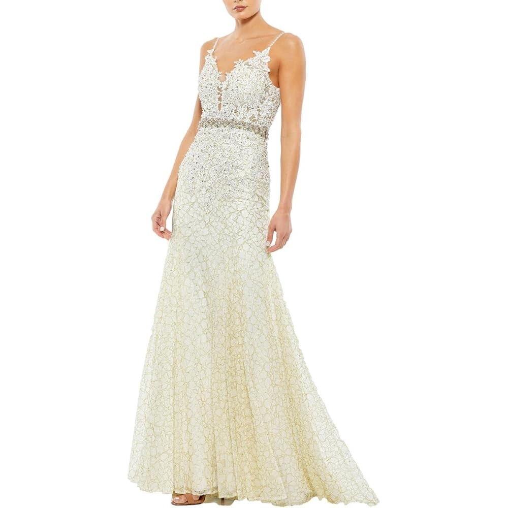 Mac Duggal Size 0 Delicate Floral Lace Long Evening Gown Ivory Prom Princesscore